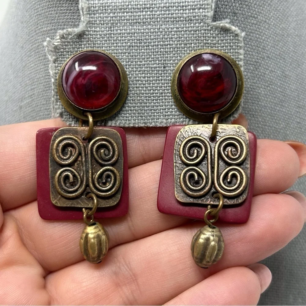 Boho Red Swirl Stud Dangle Earrings with Bronze Swirl Knotted Design Unique